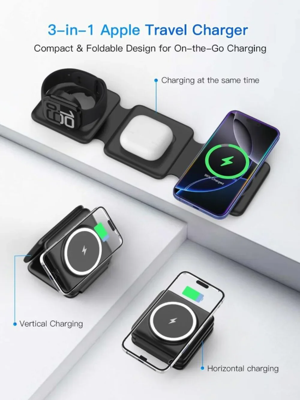 Compact 3-in-1 Magnetic Wireless Charger for iPhone, Apple Watch & AirPods